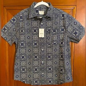 J. Crew short sleeve button down, NWT, navy and white pattern, Size 12